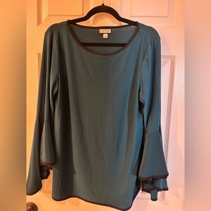 Sam and Jess Elegant Teal Blouse with Black Trim and Bell Sleeves Large